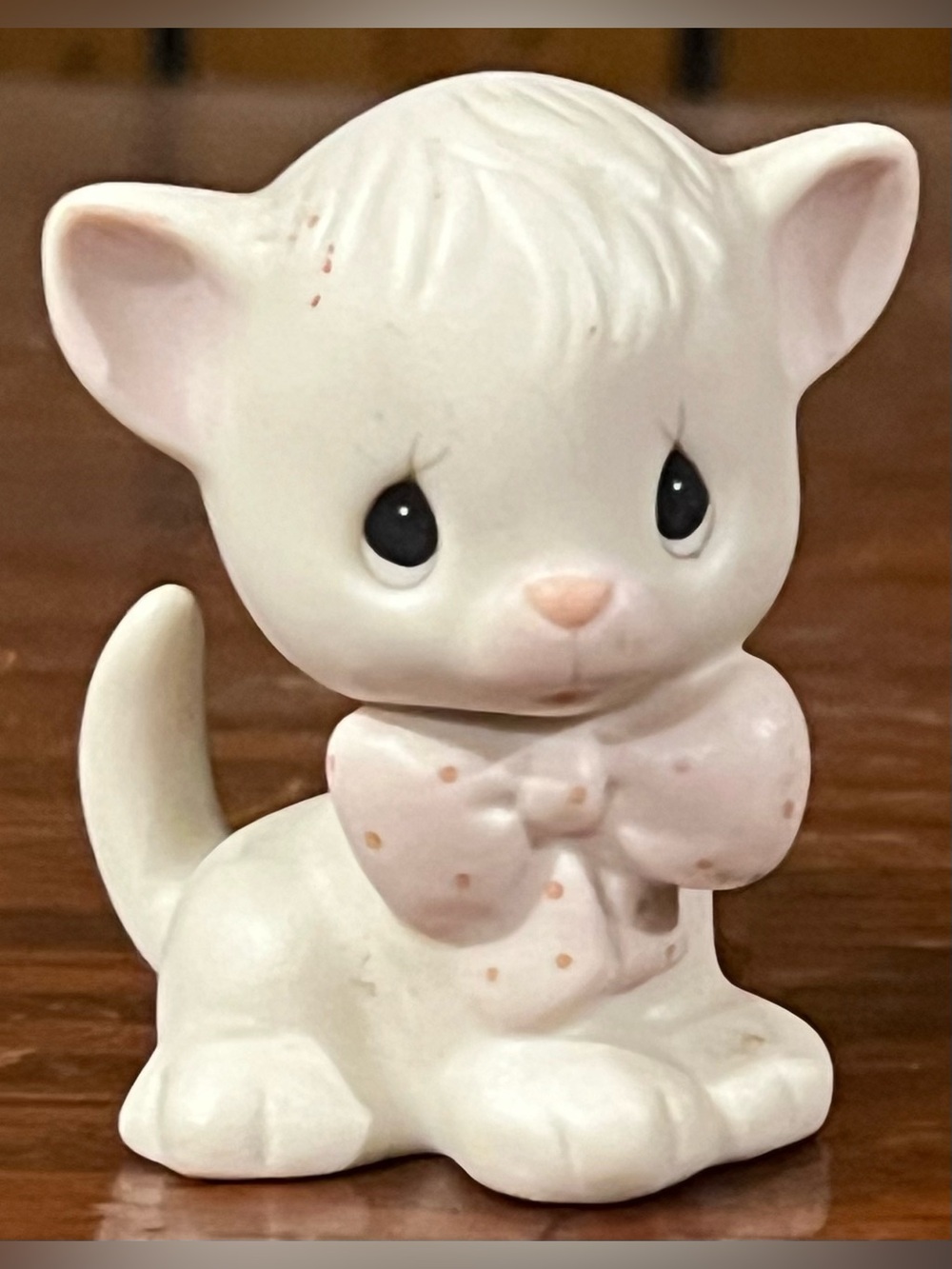 Vintage Enesco White Kitten Figurine with Pink Bow